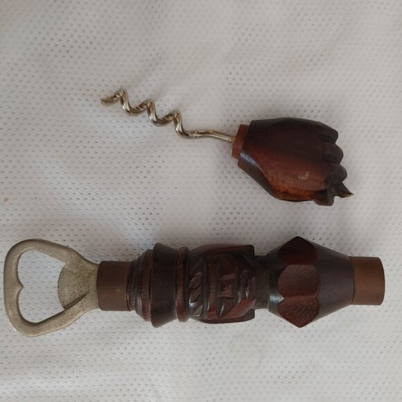 Vintage Figa Fist Wooden Handcrafted Bottle Opener and Corkscrew Set - Picture 2 of 6